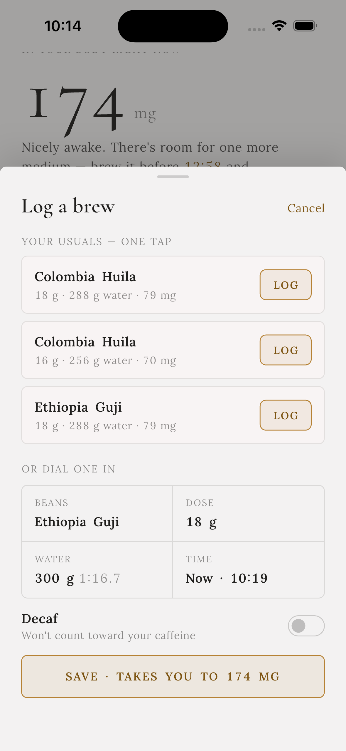 Log a brew sheet with one-tap usuals and dose, water and time fields