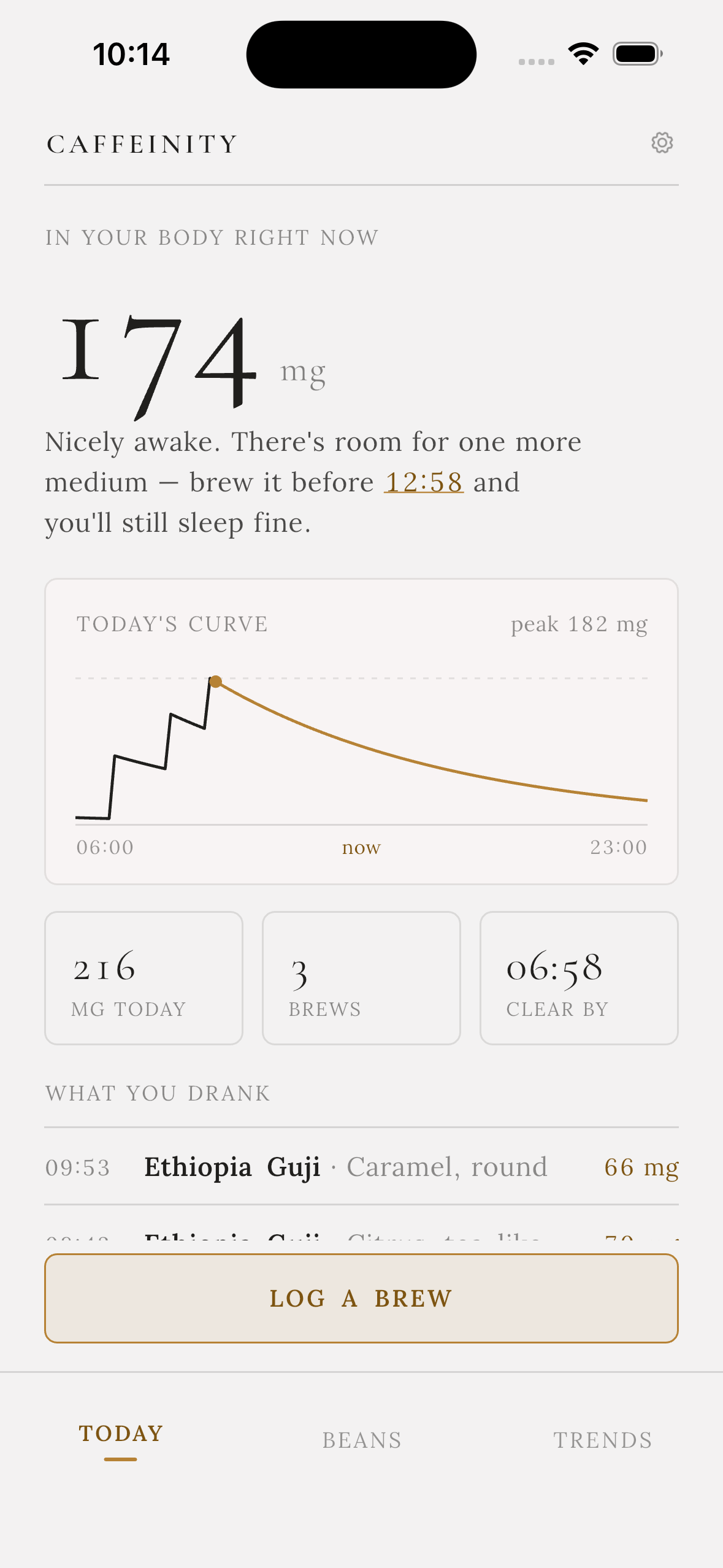 Caffeinity Today screen showing 174 mg in your body and today's caffeine curve